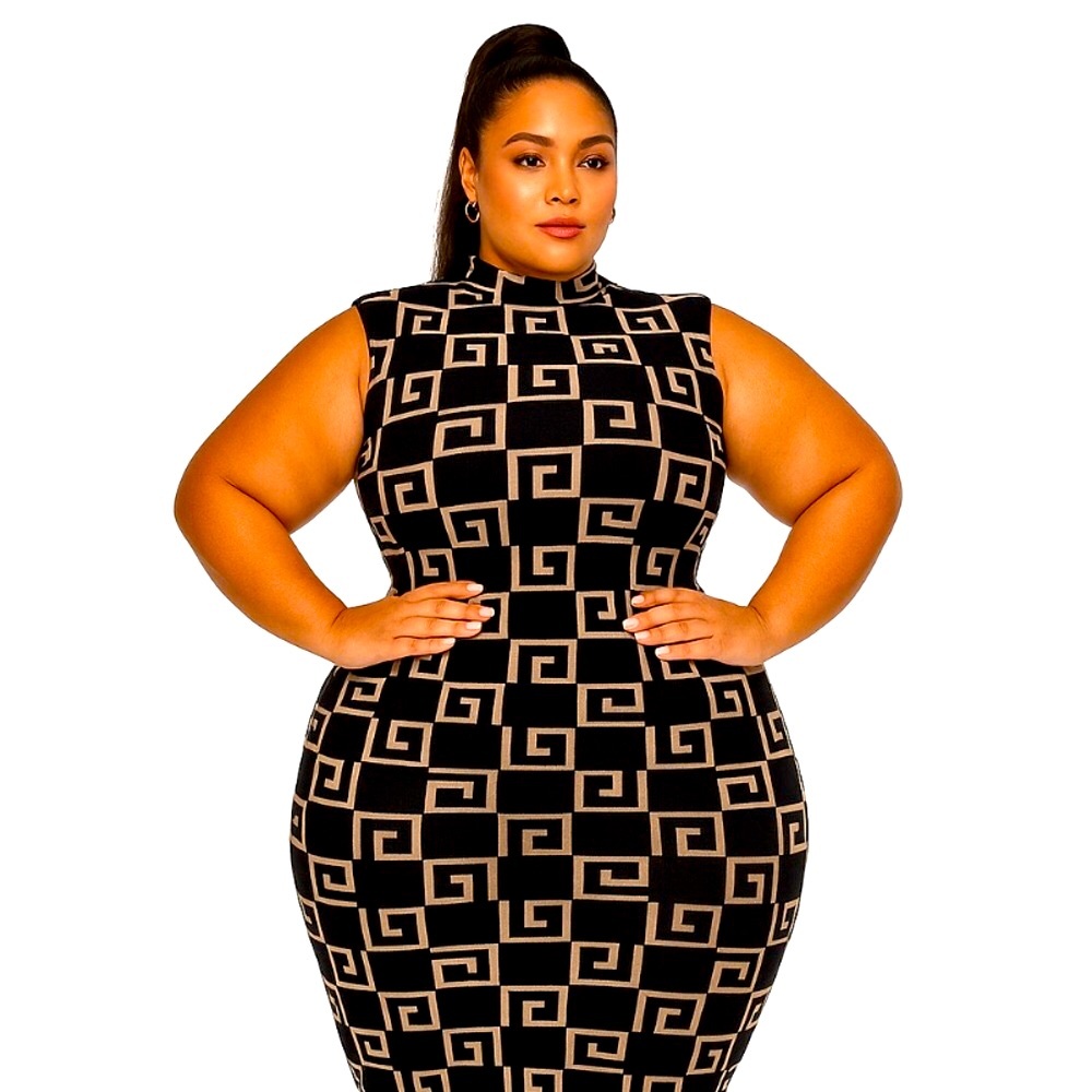 Plus Size Black & Tan Greek Pattern Abstract Midi Dress